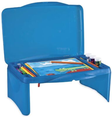 This is an image of kid's folding lap desk. blue color