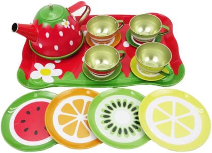 This is an image of girls tea toys in metal with fruit colors