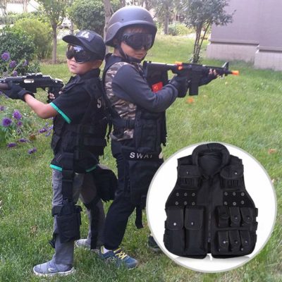 This is an image of a children wearing a combat training nylon vest. 