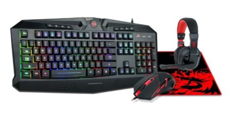 This is an image of a gaming mouse, keyboard, mousepad and headset with mic with LED RGB back lit. 