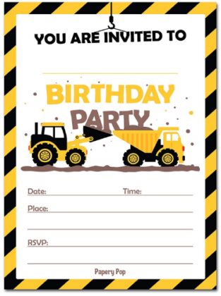 This is an image of boy's construction trucks birthday invitations in Multi colors