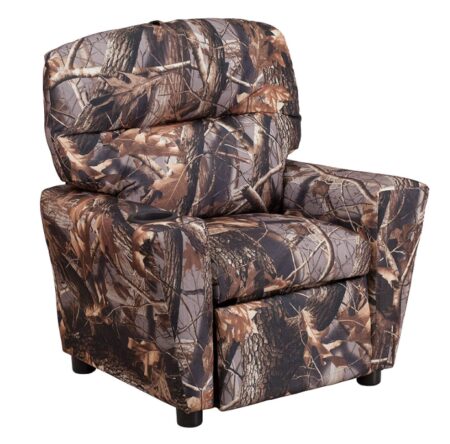 This is an image of a brown recliner with cup holder designed for kids. 