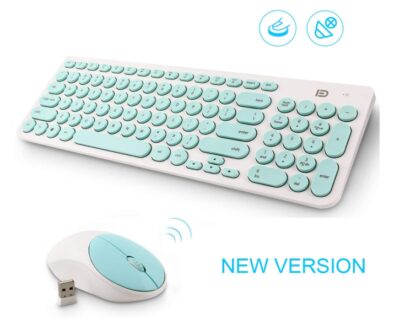 This is an image of a mint green cordless keyboard and mouse set.