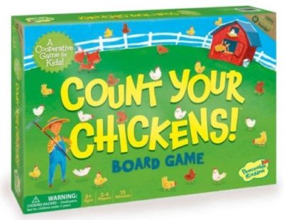This is an image of a board game box with words saying "count your chickens". 