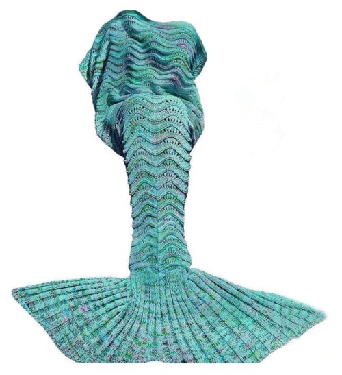 this is an image of a mint green crochet mermaid tail blanket for girls. 