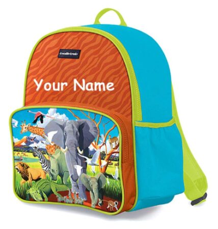 This is an image of a kid's personalized school backpack with wild animal prints. 