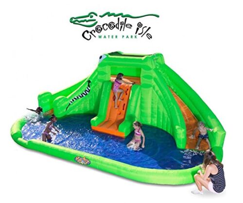 this is an image of a crocodile isle inflatable water park and slide for kids. 