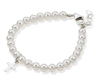 This is an image of a white charm bracelet gift for baby girls. 