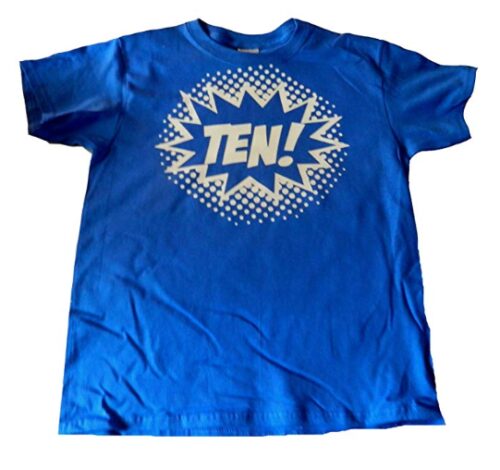 this is an image of a blue 10th birthday t-shirt for boys. 