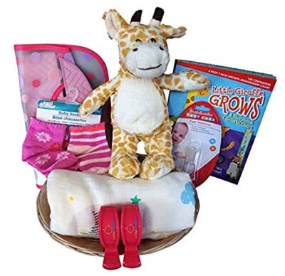 This is an image of baby girl's basket gift with giraffe plush and other items