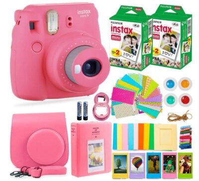 this is an image of a pink mini camera with instant film. 