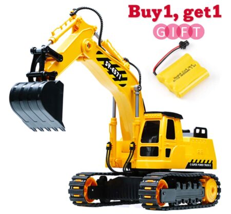 This is an image of a yellow RC truck excavator with transmitter.