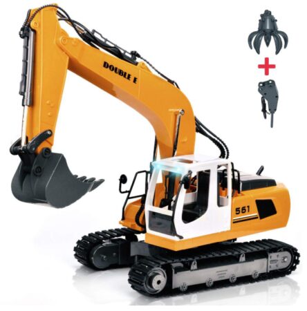 This is an image of a yellow RC truck excavator with drill and grasp. 