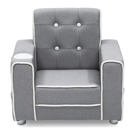  This is an image of a grey upholstered chair with cup holder designed for kids. 