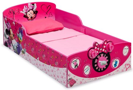 This is an image of kid's wooden bed disney in pink color