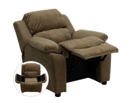 This is an image of a brown mircrofiber recliner with storage arms designed for little children.