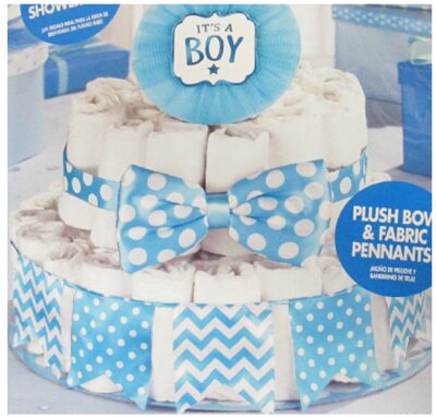 this is an image of a 4-piece deluxe diaper cake kit for baby boys. 
