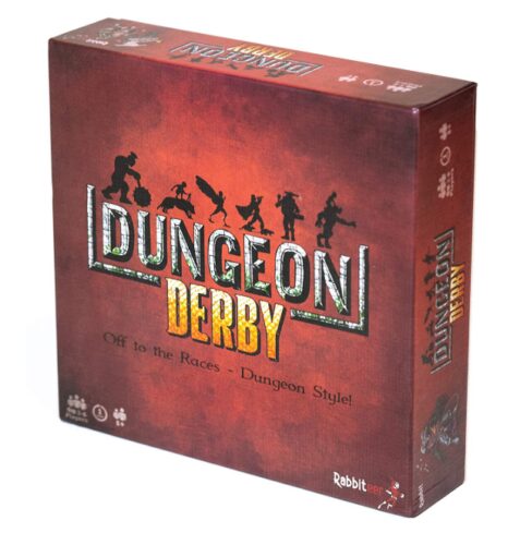 this is an image of a Deluxe Dungeon Derby board game for kids 10 years old and up. 