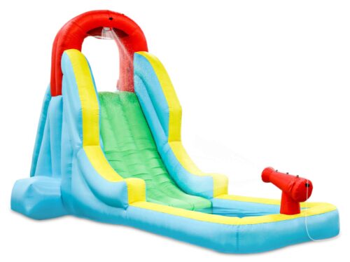 this is an image of a deluxe inflatable water slide park for kids. 