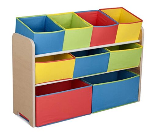 this is an image of a deluxe multi-bin toy organizer with storage bins or kids. 