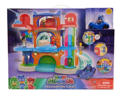 This is an image of a PJ Masks headquarters toy figures playset for kids. 