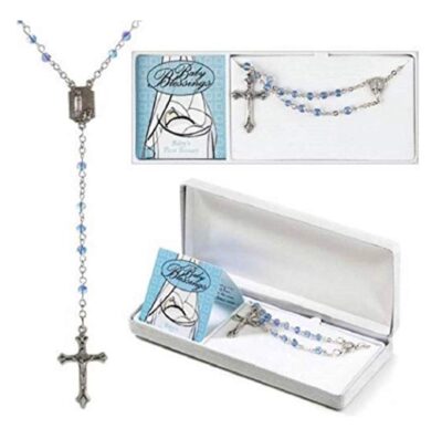 This is an image of a blue rosary gift for baby boys. 