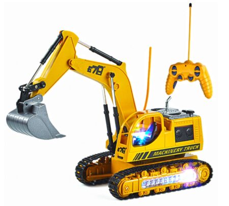 This is an image of a yellow diecast engineering digger car with metal shovel flash lights and remote control.