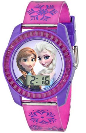 This is an image of girl's digital watch with frozen animation design by Disney in Purple And pink colors