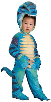 this is an image of a kid wearing a dinosaur jumpsuit.
