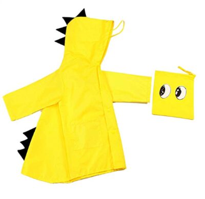 this is an image of a yellow dinosaur shaped lightweight rainwear for kids and adults. 