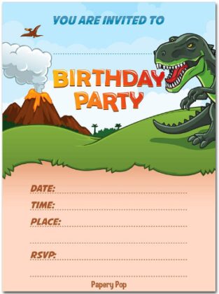 This is an image of boy's birthday invitation with envelopes and dinosaur theme 