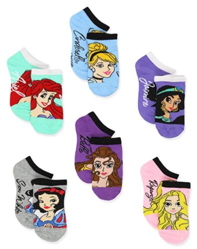 this is an image of a 6 pack Disney Princess socks for kids and teens. 