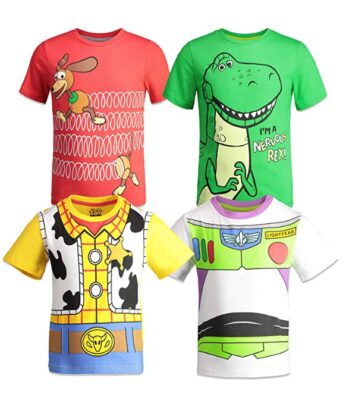 This is an image of a woody, buzz, slinky dog and rex Toy Story character t-shirt for kids. 