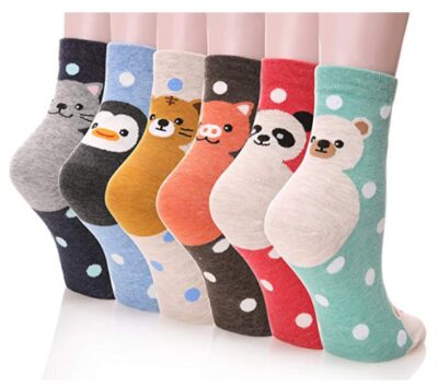 this is an image of a 6 pack cartoon animal socks for kids. 