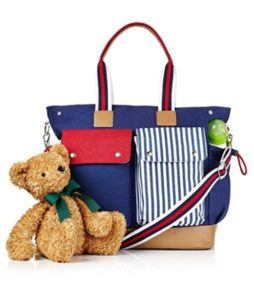 teddy with blue and red twin diaper bag