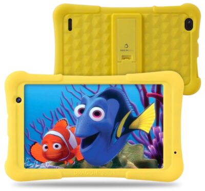 this is an image of an 8-inch yellow android tablet for kids. 