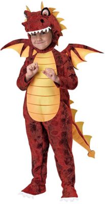 this is an image of a toddler wearing a dragon costume.