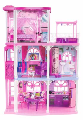 This is an image of a pink 3 story barbie townhouse. 