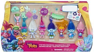 this is an image of a multi-colored Trolls styling doll collection pack. 