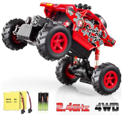 This is an image of 4WD Monster truck with remote control and two batteries in black and red colors