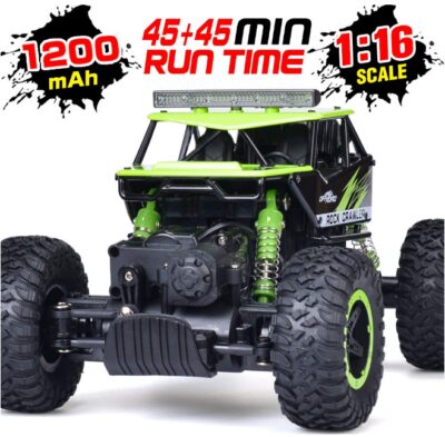 This is an image of Monster truck with remote control in black and green colors