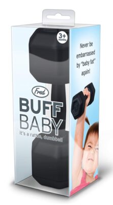 this is an image of a dumbbell rattle designed for babies. 