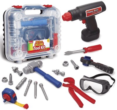 This is an image of boys tool set with drill construction accessories case, colorful colors