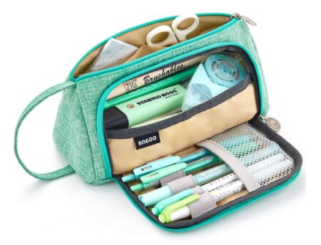 This is an image of a large green storage bags with school supplies. 