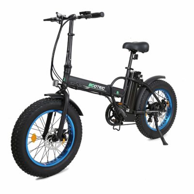 This is an image of a black and blue 20 inch folding ebike by ECOTRIC.