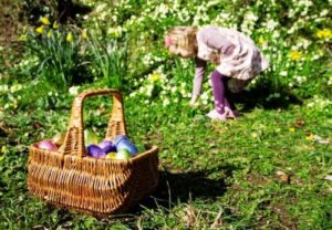 easter egg hunt basket and girl is looking for eggs in the distance