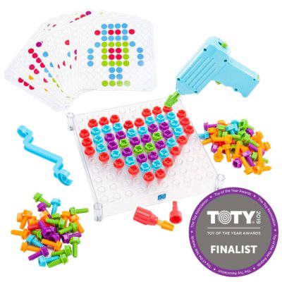 This is an image of a see through design and drill building toy for kids. 