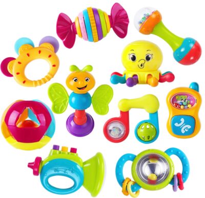 This is an image of babies educational 10 pieces of toys in multicolors