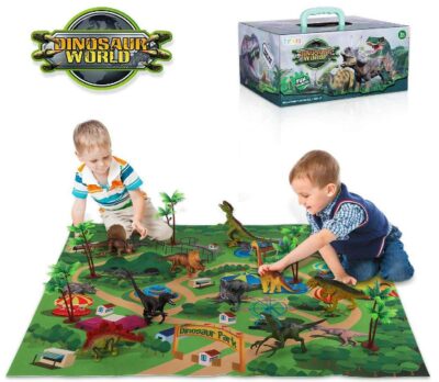 This is an image of kid's educational play mat with realistic dinosaur figures