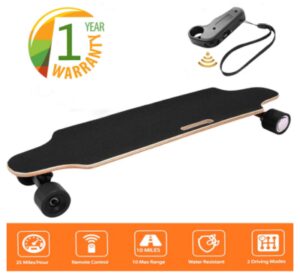 this is an image of a black 35.4-inch electric skateboard with waterproof remote control